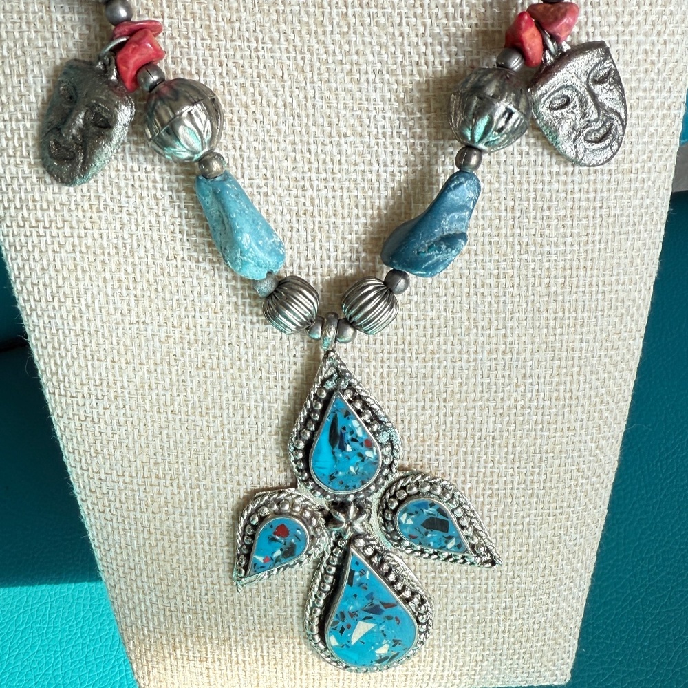 Angel Turquoise Angel Cross Pendant Necklace with Pewter Mask Beads